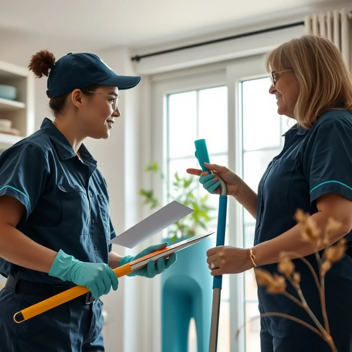 Professional cleaners discussing service quality in a New Jersey home
