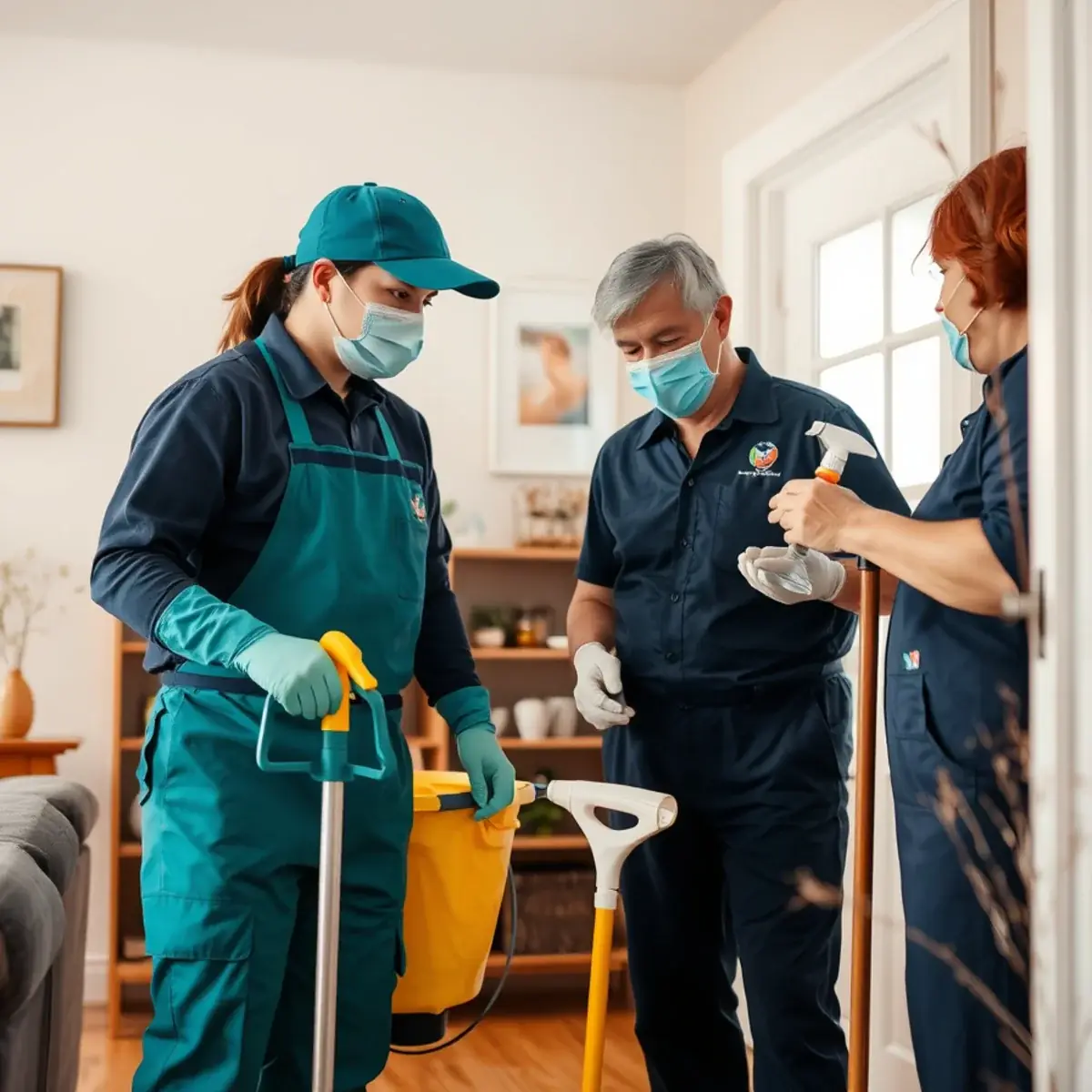 Professional house cleaning team preparing safely for a residential visit